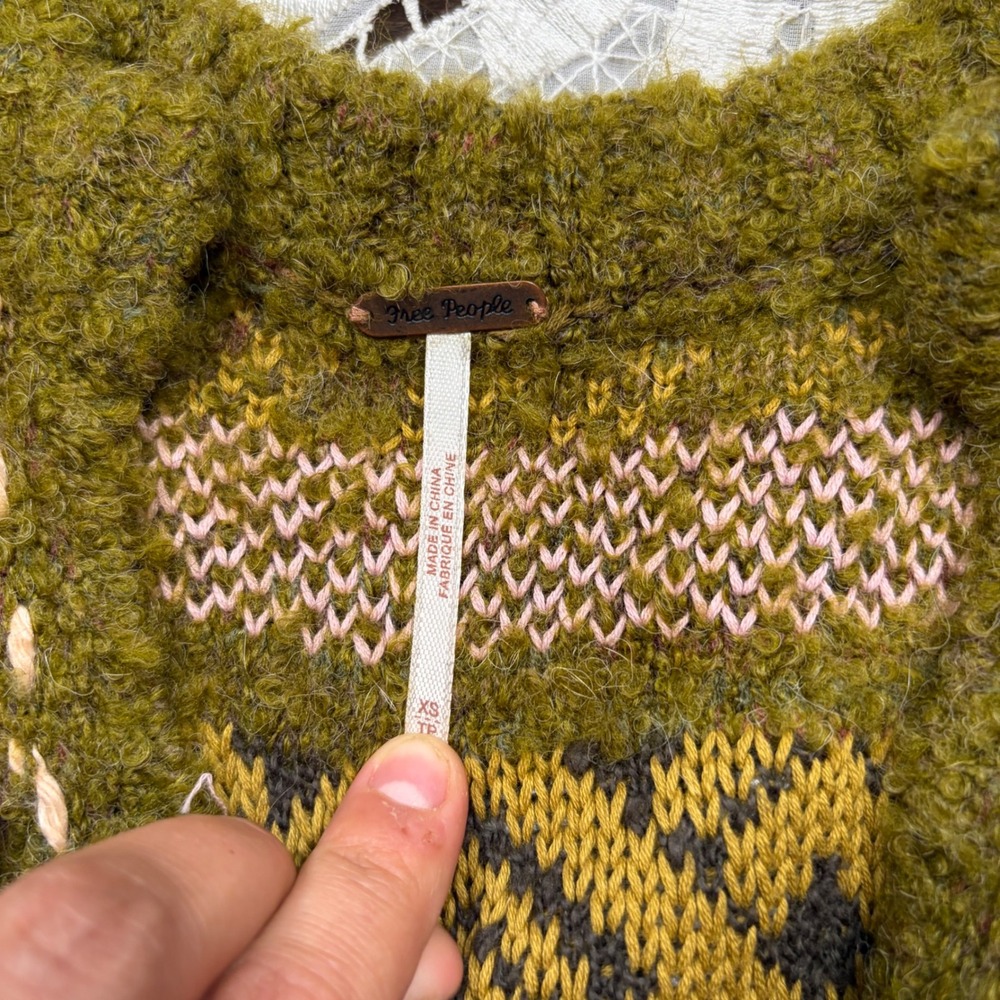 Boho Cottagecore Free People Olive Pink Alpaca Wool Blend Henley Sweater XS - Picture 2 of 8